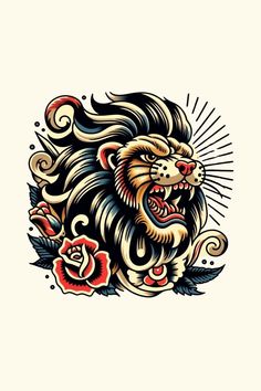 a lion with long hair and flowers on it's head, in the middle of a