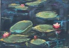 an oil painting of water lilies and lily pads