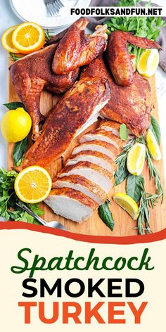 a wooden cutting board topped with sliced turkey