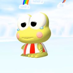 a cartoon character is standing in the snow with a rainbow in the sky behind him