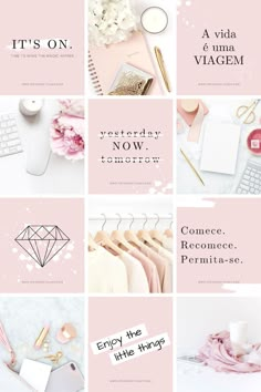 pink and white collage with the words enjoy the little things on it's side