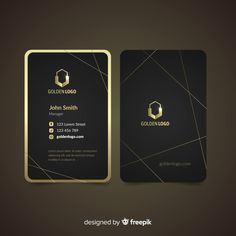 a black and gold business card with a golden logo on the front, side and back