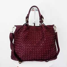 "Soft Red Wine Woven Italian Leather Tote Bag, Customizable, Red Wine Woven Italian Handbag, Italian Leather Bag, Woven Leather Purse, Elow, comes in two versions: LARGE: W 15\" x H 11.4\" x D 7.1\"  & SMALL: W 13\" x H 10\" x D 6\". Handle drop: 4\" The bag has made in distressed soft cowhide and distressed brass hardware We offer a free customization for monogramming Inside: Two compartments inside with central divider/ zippered pocket Interior fully lined with cotton fabric One zippered pocke Luxury Red Shoulder Bag With Intrecciato Weave, Burgundy Shoulder Bag For Shopping, Large Capacity Burgundy Satchel For Shopping, Burgundy Large Capacity Bag For Shopping, Large Capacity Burgundy Bag For Errands, Burgundy Shoulder Bag For Errands, Burgundy Large Capacity Top Handle Shoulder Bag, Large Capacity Burgundy Satchel, Burgundy Satchel Bag For Errands