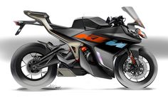 an artistic rendering of a motorcycle on a white background with orange and blue accents is shown