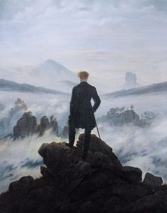 a painting of a man standing on top of a mountain looking out over the clouds