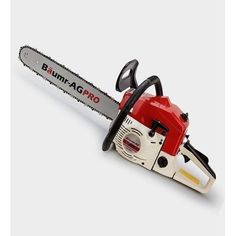 a red and white chainsaw with the words burnabro on it's side