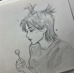 a pencil drawing of a boy holding a magnifying glass in his right hand