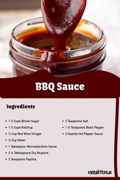 a spoon full of bbq sauce sitting on top of a jar with the ingredients in it