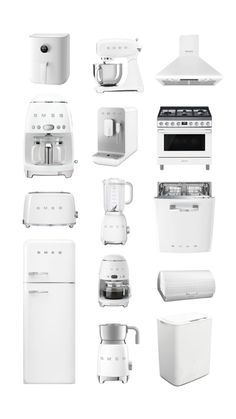 white kitchen appliances are arranged on a white background