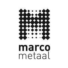 the marco metal logo is shown in black and white, with squares on it