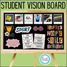 a blackboard with pictures and words on it that says, student vision board sport