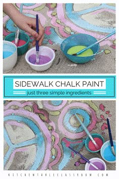 two pictures with the words sidewalk chalk paint just three simple ingredients on top and below