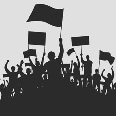 a crowd of people holding up flags and signs in front of a gray background with black silhouettes