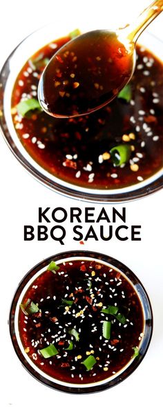 korean bbq sauce is being spooned into a bowl with sesame seeds on top