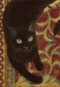 a painting of a black cat with blue eyes on a red and gold patterned background