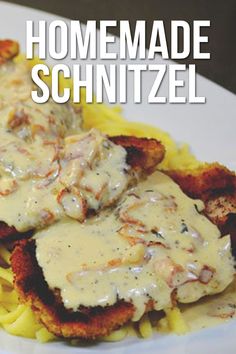 a plate with some food on it and the words homemade schnitzel above it