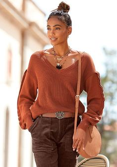 Rust Top Outfit, Rust Sweater Outfit, Rust Sweater, Ruffle Sleeve Sweater, Neutral Sweaters, Western Outfits Women, Flowy Maxi Dress, Classic Jeans, Women's Wear