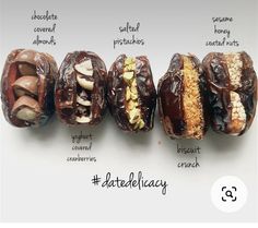 five different types of doughnuts on a white surface with words describing the ingredients