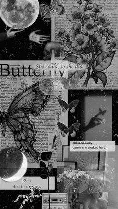 altered photograph collage with butterflies, flowers, and moon in black and white colors