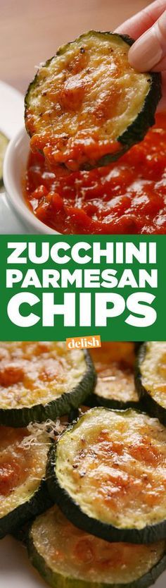 zucchini parmesan chips on a plate with the title overlaying it