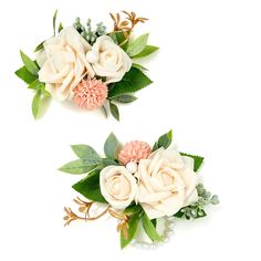 two white and pink flowers with green leaves on the top one has an antler