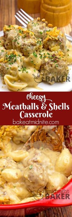 cheesy meatballs and shells casserole on a plate