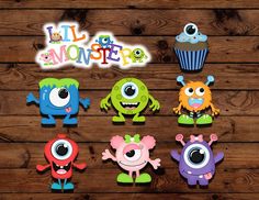 an assortment of cut out monsters on a wooden background with the words lil monster written in large letters