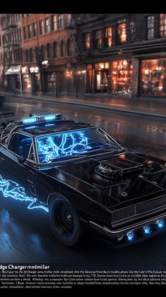 A black 1970 Dodge Charger positioned in a dynamic, cinematic style similar to the DeLorean from 'Back to the Future'. The Charger is equipped with futuristic modifications like those on the DeLorean, including a visible flux capacitor inside, blue electrical energy effects, and retro sci-fi elements. The environment around the car is a mix of urban and futuristic settings, with dramatic lighting that highlights the unique features of the vehicle.