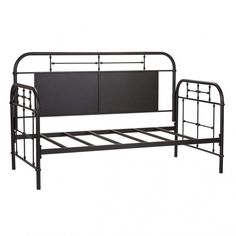 a metal bed frame with an open headboard and foot board on the bottom side