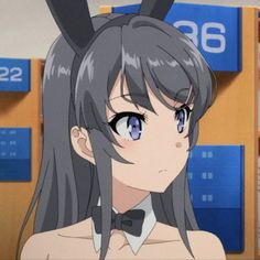 an anime character with long hair wearing a bow tie and bunny ears, looking at the camera