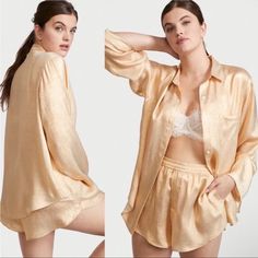 Victoria's Secret Satin Long-Sleeve Short Pajama Set Gold Foil Small New Condition: New In Package Size: Small Color: Gold Foil For A Full Eight Hours (Or More). A Sleep-Ready Pj Set In Luxe Satin, With A Button Front And Notch Collar. Easy Fit Short-Sleeve, Button-Front Top Hits At Hips Chest Pocket Machine Wash Imported Sl057 Feminine Long Sleeve Sleepwear Set, Feminine Long Sleeve Sleep Sets, Feminine Long Sleeve Sets For Daywear, Elegant Long Sleeve Tops For Lounging, Feminine Long Sleeve Bedtime Sets, Long Sleeve Lounging Sets For Summer, Feminine Long Sleeve Summer Sleepwear, Feminine Long Sleeve Lounging Sets, Victoria's Secret Casual Daywear Sets