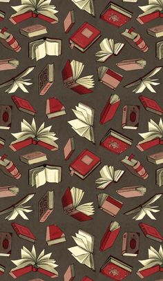 an image of many books on a brown background with red and white colors in the middle