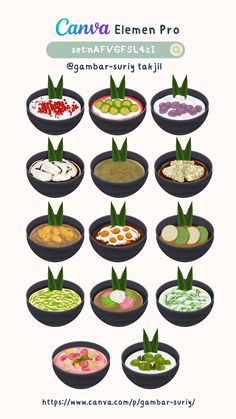 an array of different types of food in black bowls on a white background with the words cana elemn pro