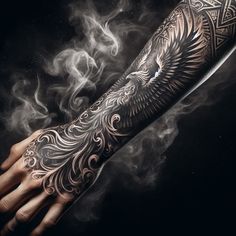 Phoenix Hand Tattoo Men, Black Tattoo Cover Up Men, Celtic Sleeve Tattoo Men, Eddie Tattoo, Flying Phoenix Tattoo, Dragon Hand Tattoo, Forearm Cover Up Tattoos, Fenix Tattoo, Arm Tattoos For Guys Forearm