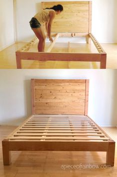 a woman is standing on top of a bed frame and reaching for the bottom one