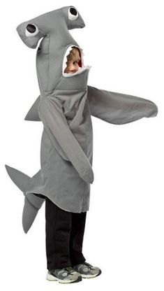 a young boy in a shark costume