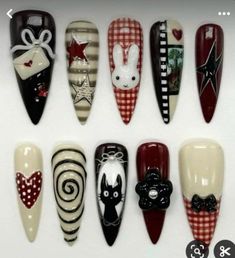 Elden Ring Nails, Weird Core Nails, Characters On Nails, Over The Garden Wall Nails, Raccoon Nails, Spooky Rabbit, Gel Nails Black, Black Cat Nails, Rabbit Nails