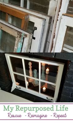 an old window with candles in it and the words, my repurposed life rescue - remagne - repeat