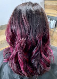 Black Hair Magenta Highlights, Black Hair With Magenta Highlights, Magenta Peekaboo Highlights, Magenta Highlights In Brown Hair, Magenta Hair Highlights, Magenta Highlights On Dark Hair, Magenta Highlights, Magenta Balayage