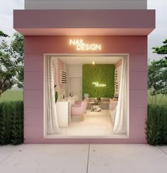 a nail salon with pink walls and white curtains on the front door, surrounded by greenery