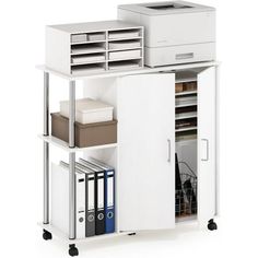 an office cabinet with drawers, file cabinets and files on wheels is shown in front of a white background