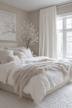 a bed with white comforters and pillows in a bedroom next to a large window