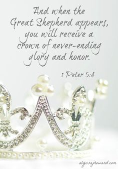 a tiara with pearls on it and a bible verse about the great shepherd appears