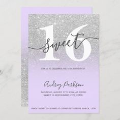 purple and silver glitter sweet sixteen birthday party card with the number sixteen on it's front