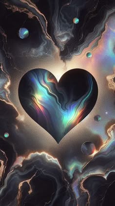 a heart shaped object in the middle of an abstract background with swirls and bubbles