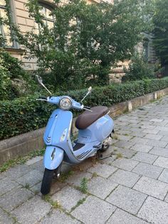 a blue scooter parked on the side of a road next to some bushes