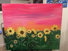 a painting of sunflowers in front of a pink and blue sky with clouds