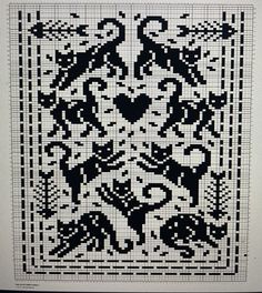 a black and white cross stitched pattern with cats on it's side, in the middle of a square