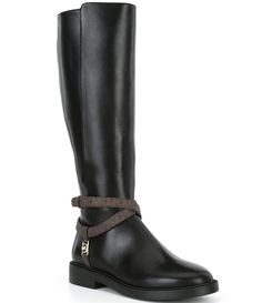 From Michael Kors&#x2C; the Abigail Leather Riding Boots feature:Vachetta leather upperSynthetic MK logo print ankle strap with MK logo hardwareInside zipper closureRubber outsoleApprox. 15.5" boot shaft heightApprox. 14.5" boot shaft circumferenceApprox. 0.50" heel heightImported. Mk Logo, Leather Riding Boots, Dillard's, Boot Shoes Women, Logo Print, Riding Boots, Bootie Boots, Ankle Strap, Black And Brown