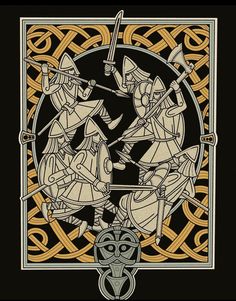 an image of two knights on horseback in the middle of a celtic style design with gold and black colors